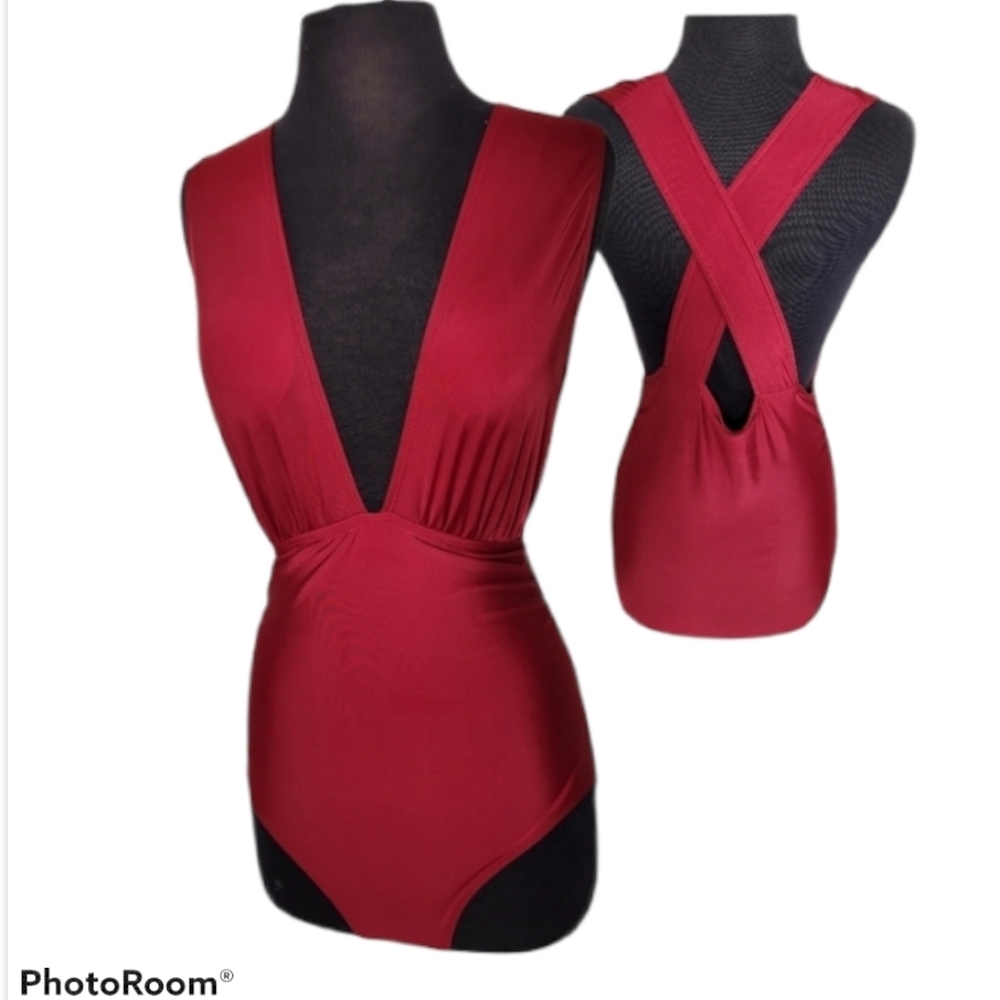 Wine Red Criss Cross Open Back One Piece SwimSuit